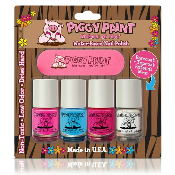 Piggy Paint Four Pack Nail Polish Set LOL, Sea-quin, Glamour Girl, & Basecoat + Topcoat (2-in-1)
