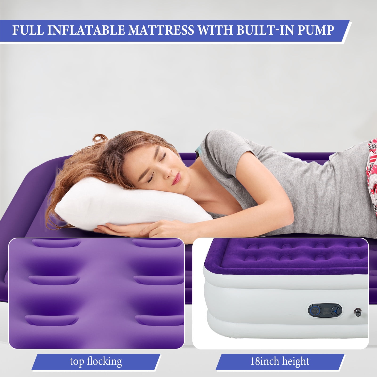 Queen Size Air Mattress with Built in Pump,High Portable 18" Inflatable Mattress,Blow Up Mattress for Travel,Home and Guest(Purple)