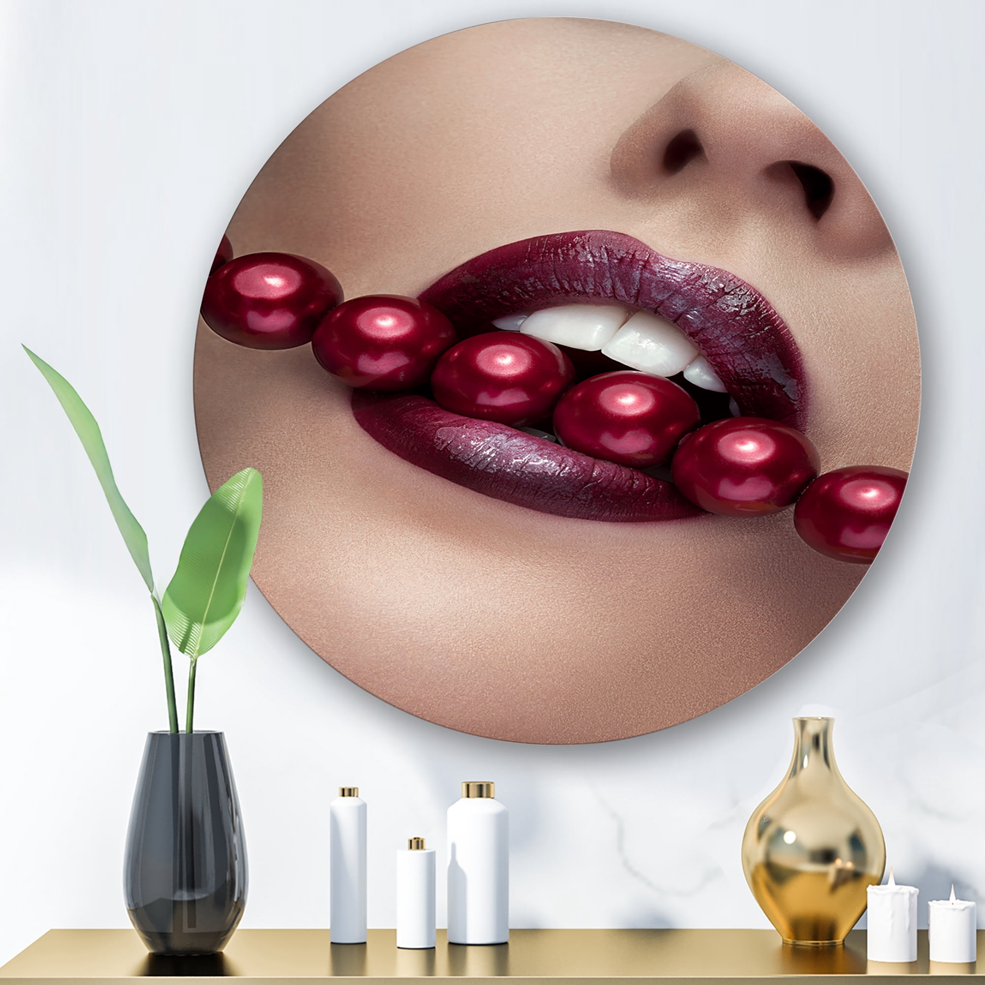 Designart 'Girl Bitting With Red Lips With Red Pearls' Modern Circle Metal Wall Art 11x11 - Disc of 11