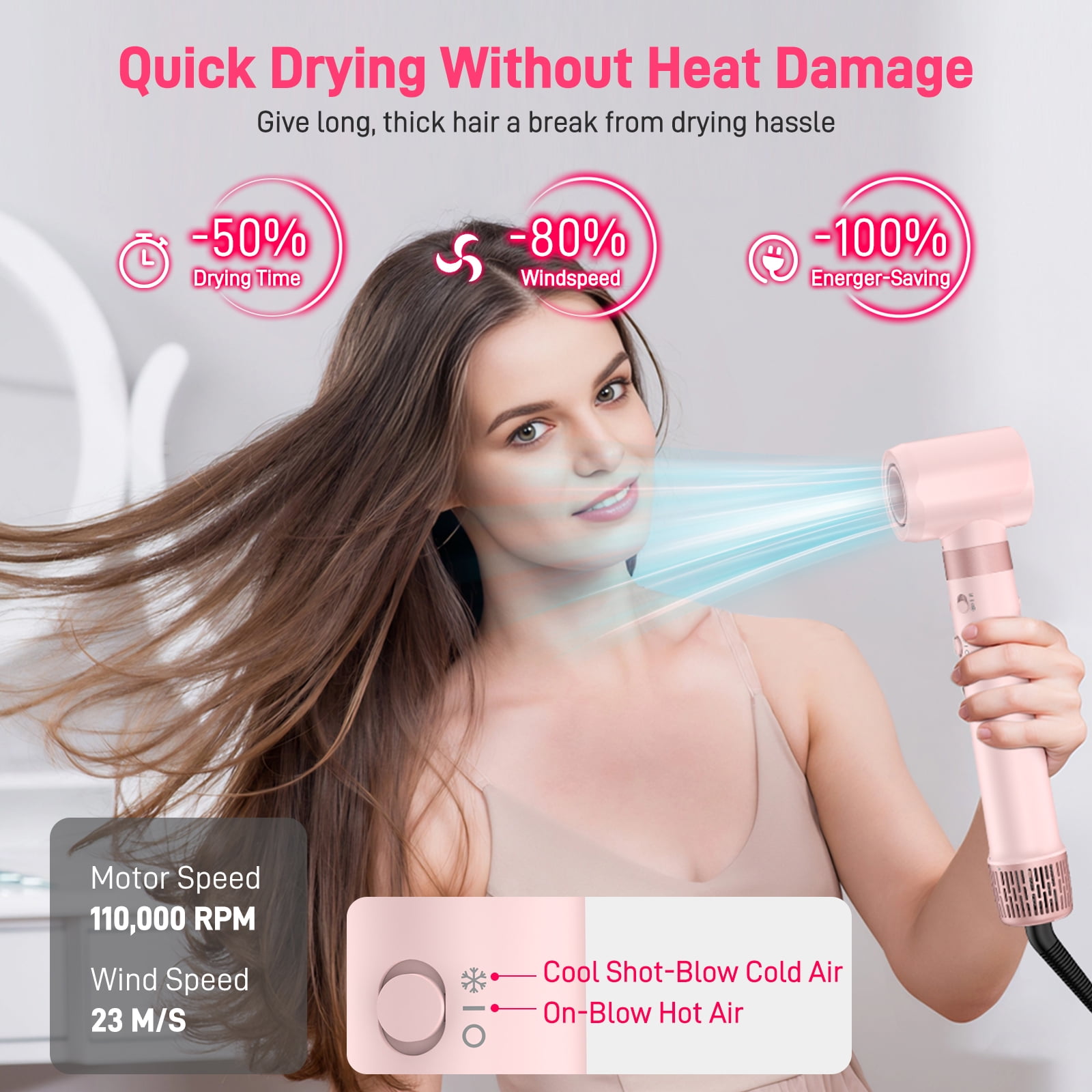 RACCOMB Dual Voltage Hair Styler 5-in-1 High-Speed Dryer Brush with Negative Ion Technology, Pink