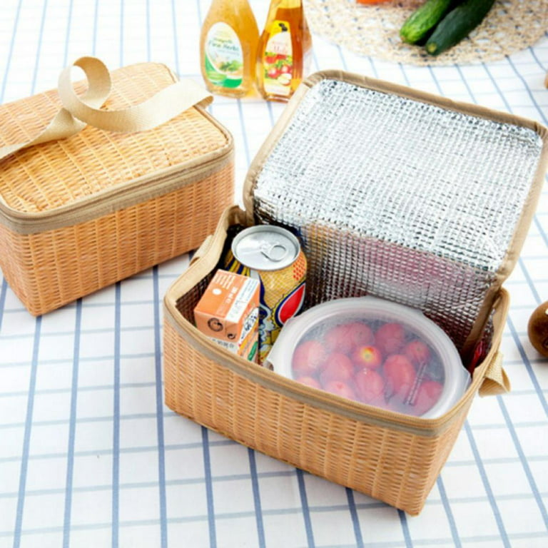 Rattan Lunch Bag Portable Picnic Basket with Zipper Closure Waterproof Shockproof Thermal Cooler Insulated Bento Box Carry Tote Picnic Bags Storage