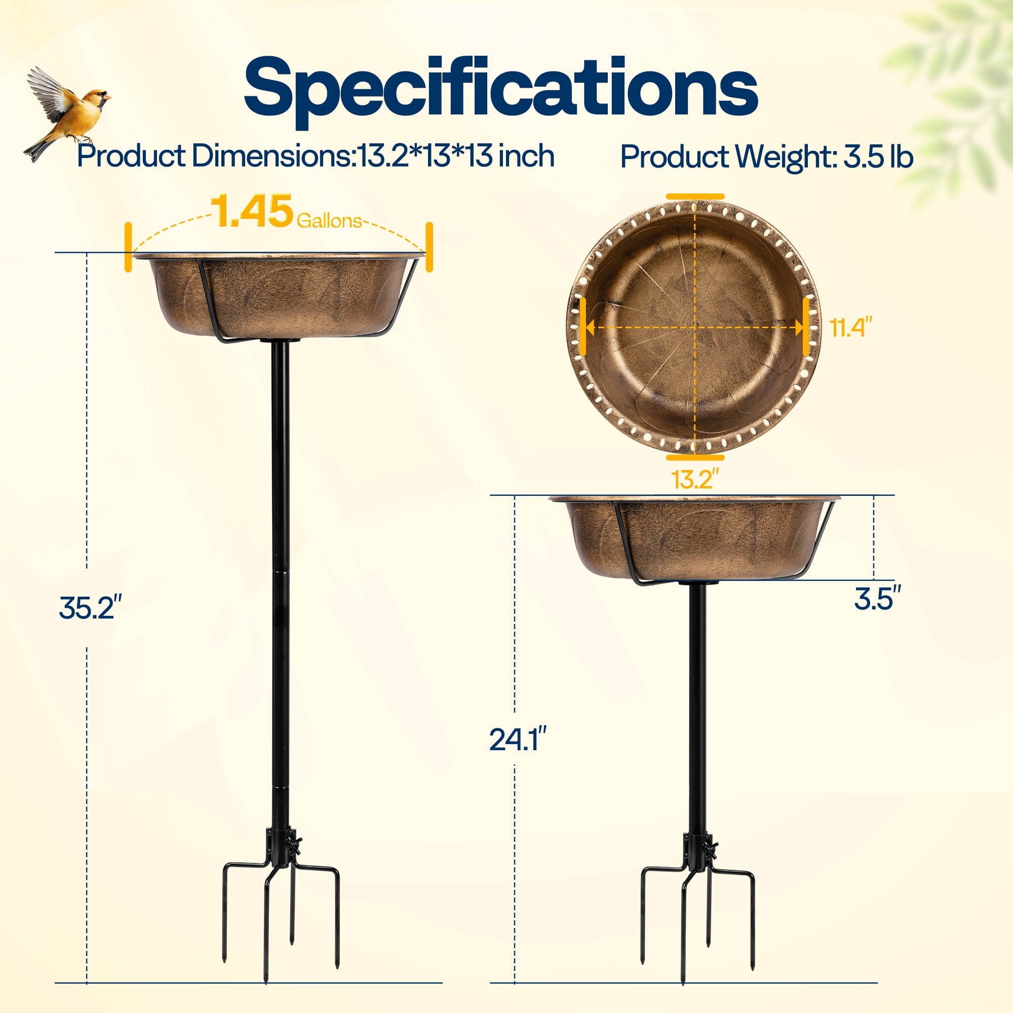 SPECSTAR Bird Bath for Outside, Outdoor 13'' Birdbath Bowl with Metal Ground Stake, Weather-Resistant ABS Bird Bath and Feeder for Garden, 1.45 Gallons, Copper