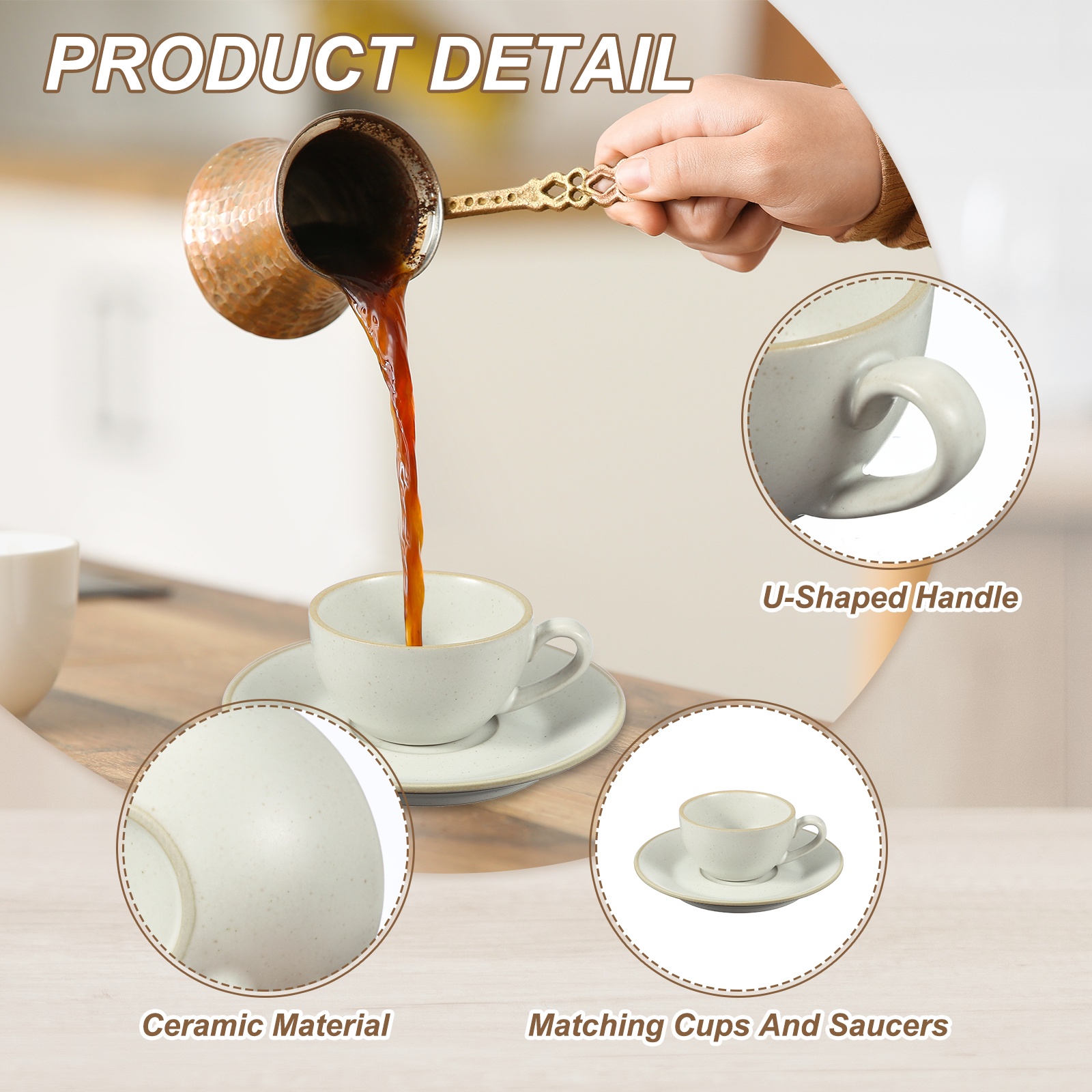 Uxcell Handmade Vintage Espresso Cups, 3 oz Coffee Cups and Saucers Ceramic Tea Cup with Handle Dishwasher and Microwave Safe for Latte Cappuccino Milk Office Home Gifts, Morandi White