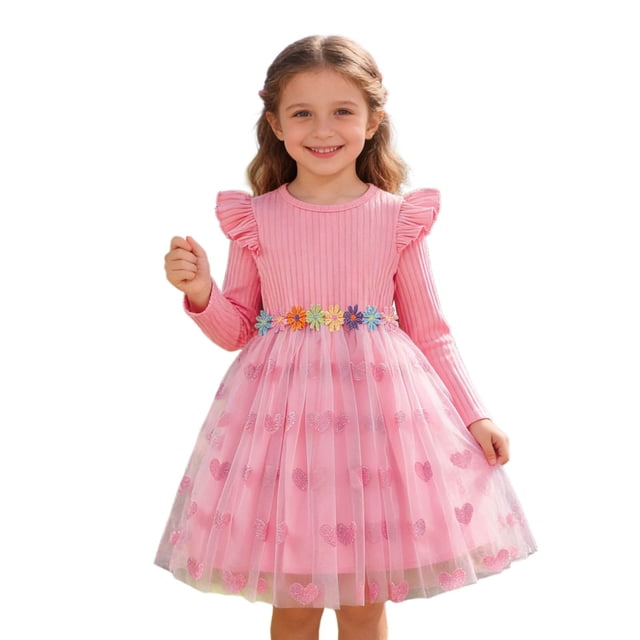 oqasdz Robes pour Filles Robe de Soirée à Manches Longues avec Dentelle Florale Jupe en Maille Cœur Robe d'Été Décontractée Col Rond