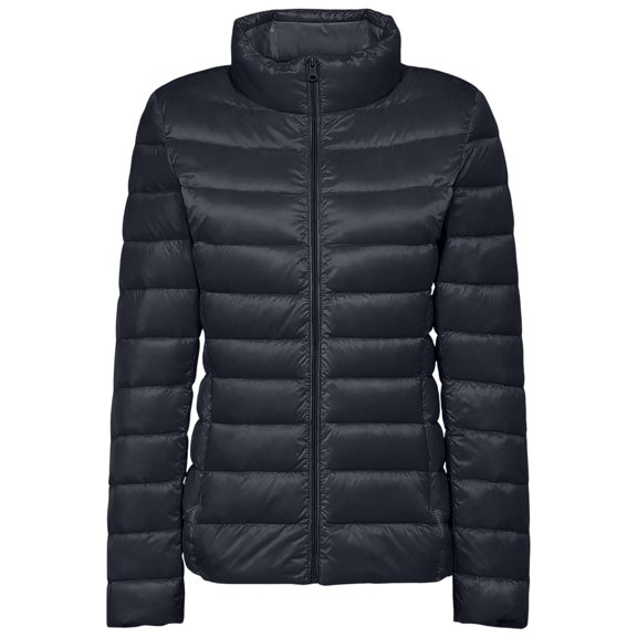 ATENAR Puffer Jackets for Women,Zip Up Padded Jacket,Solid,Long Sleeve,With Pockets,Streamlined,Black,L