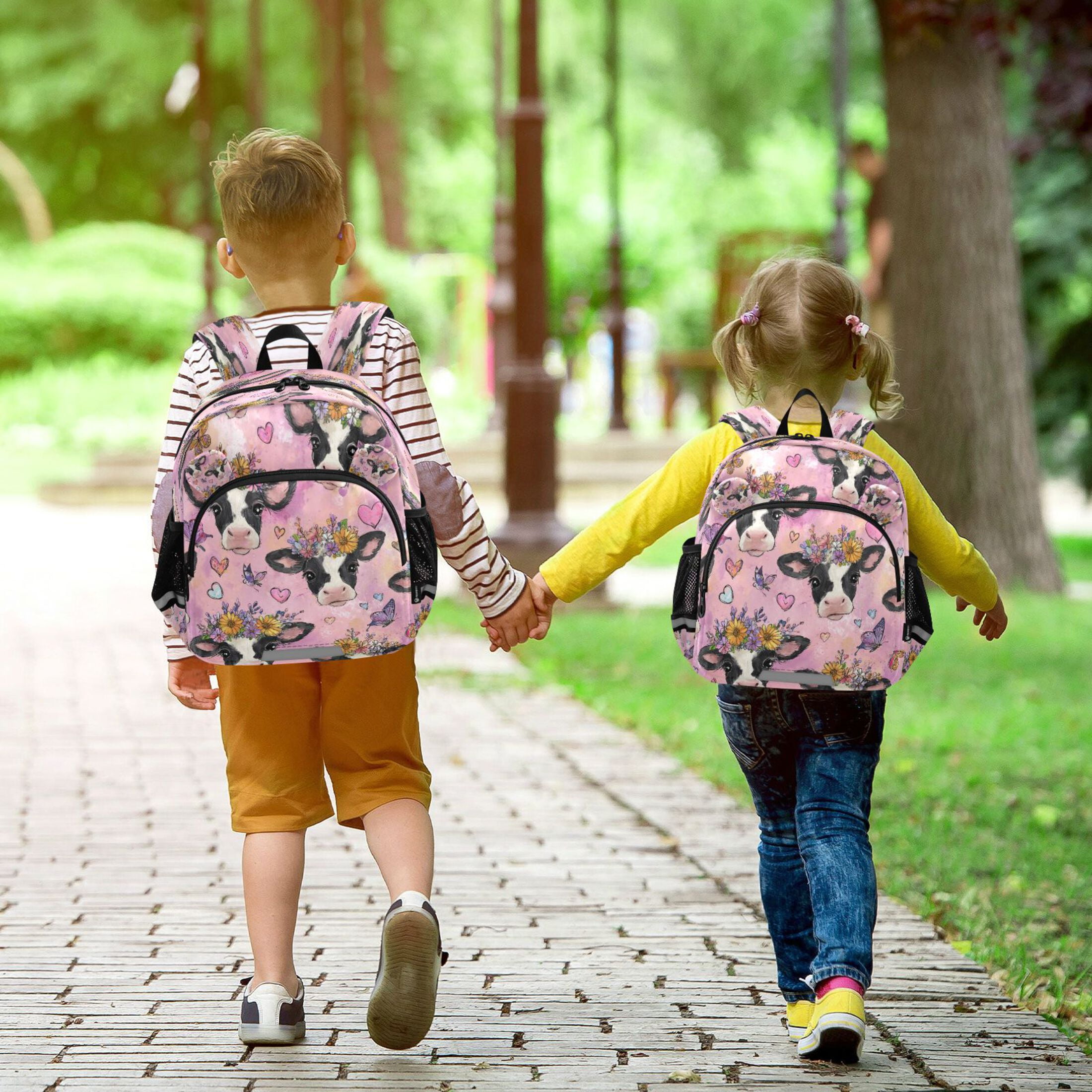 RMDQTR Adorable Ear-Print Backpack with Reflective Strip and Anti-Lost Leash Adjustable Shoulder Straps Mini Travel Backpack Beautiful Cows with Flowers