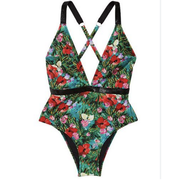 Medium Victoria’s Secret BLING ONE PIECE SWIMSUIT Shine Strap Logo Gorgeous Tropical