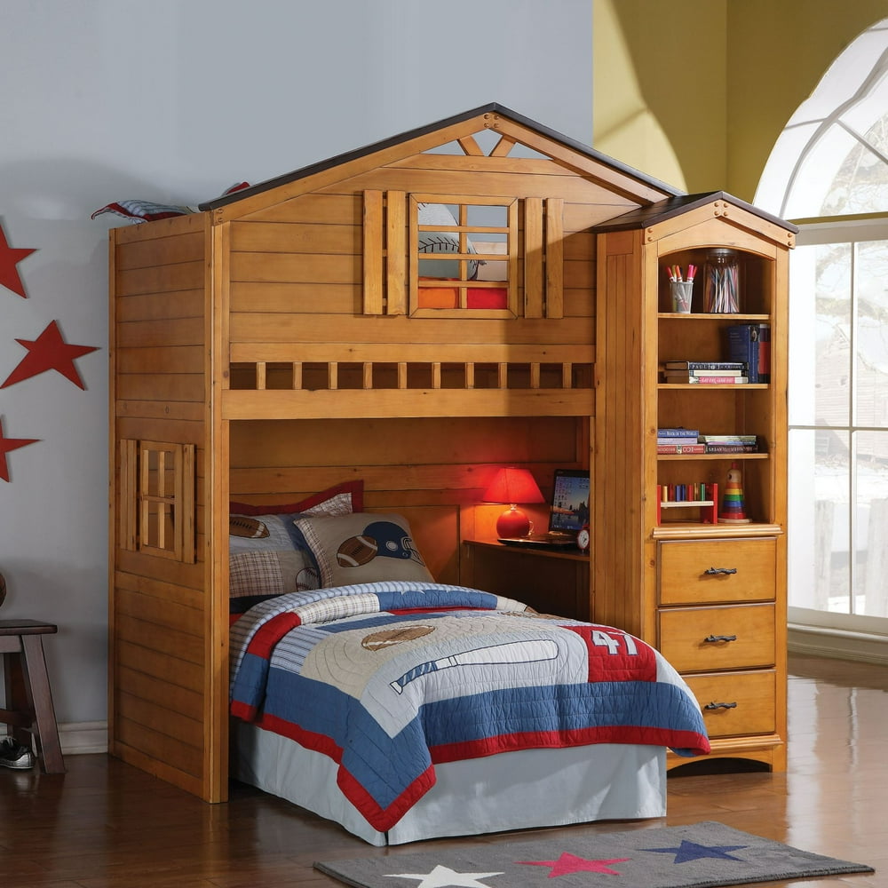 ACME Tree House Twin Loft Bed with Desk in Rustic Oak