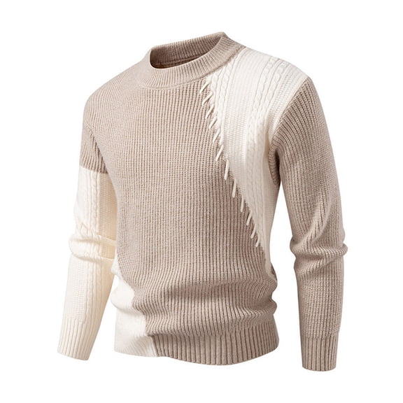 Wutalume Men's Round Neck Stitching Sweater Casual Modified Warm Pullover, Comfortable and Fashionable for Everyday Use,Beige L