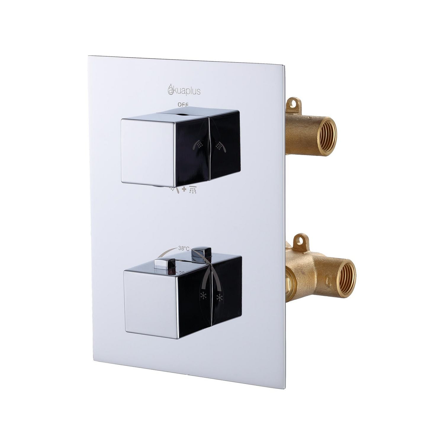 Valve thermostatique carrée 3 fonctions, 2 pommeaux ou simultanément, fini chrome