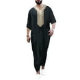 thumbnail image 2 of Lilgiuy Men's Muslim Thobe Short Sleeves Robe Vintage Ethnic Style Print V Neck Long Night Gown Shirt Loungewear(Black,3XL), 2 of 5