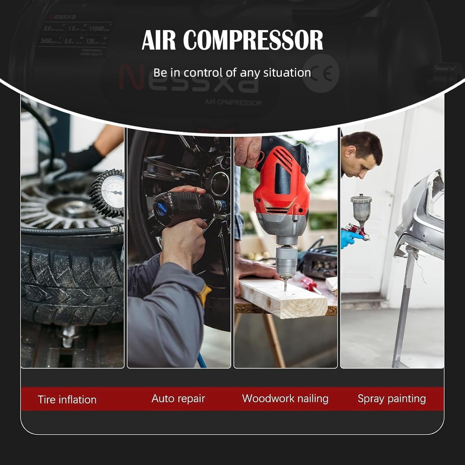 8 Gallon Ultra Quiet Oil-Free Air Compressor, 1.5HP 4.52 CFM 115 PSI, 70dB 110V Portable Air Compressor for Car Repair, Spray Painting, Woodwork Nailing