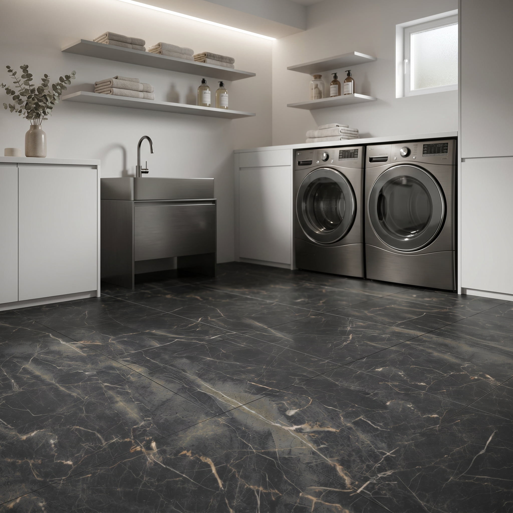 Peel and Stick PVC Vinyl Flooring 20-Pack 24x24 Inch, Self-Adhesive Floor Tiles and Waterproof Flooring for Home Kitchen Bathroom, Black Marble Pattern