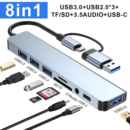 USB-C Hub 8-in-1 Multiport Adapter | USB 3.0, SD/TF, Audio, Type-C Data Hub