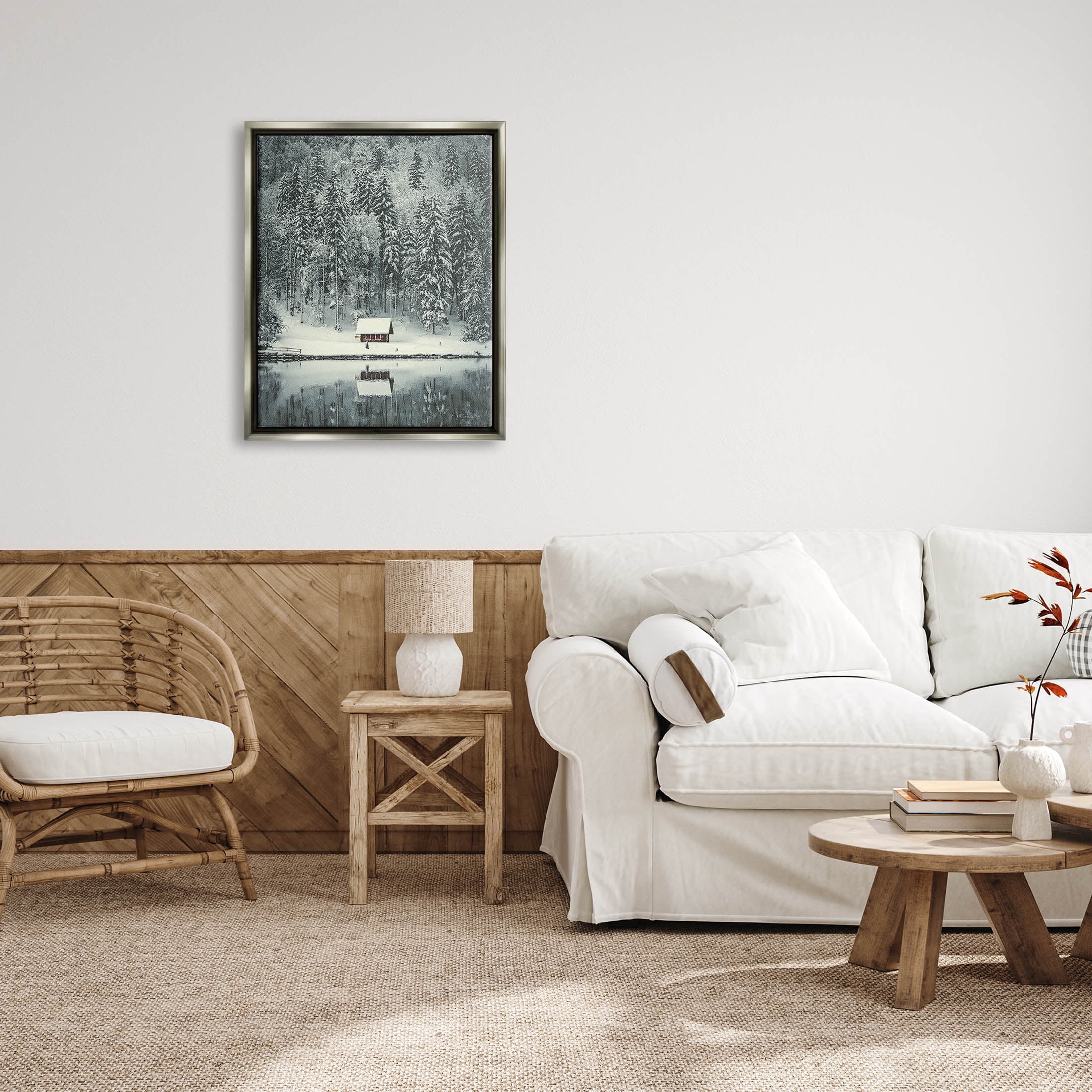 Snowy Woodland Hut Reflection Landscape Painting Luster Gray Framed Art Print Wall Art