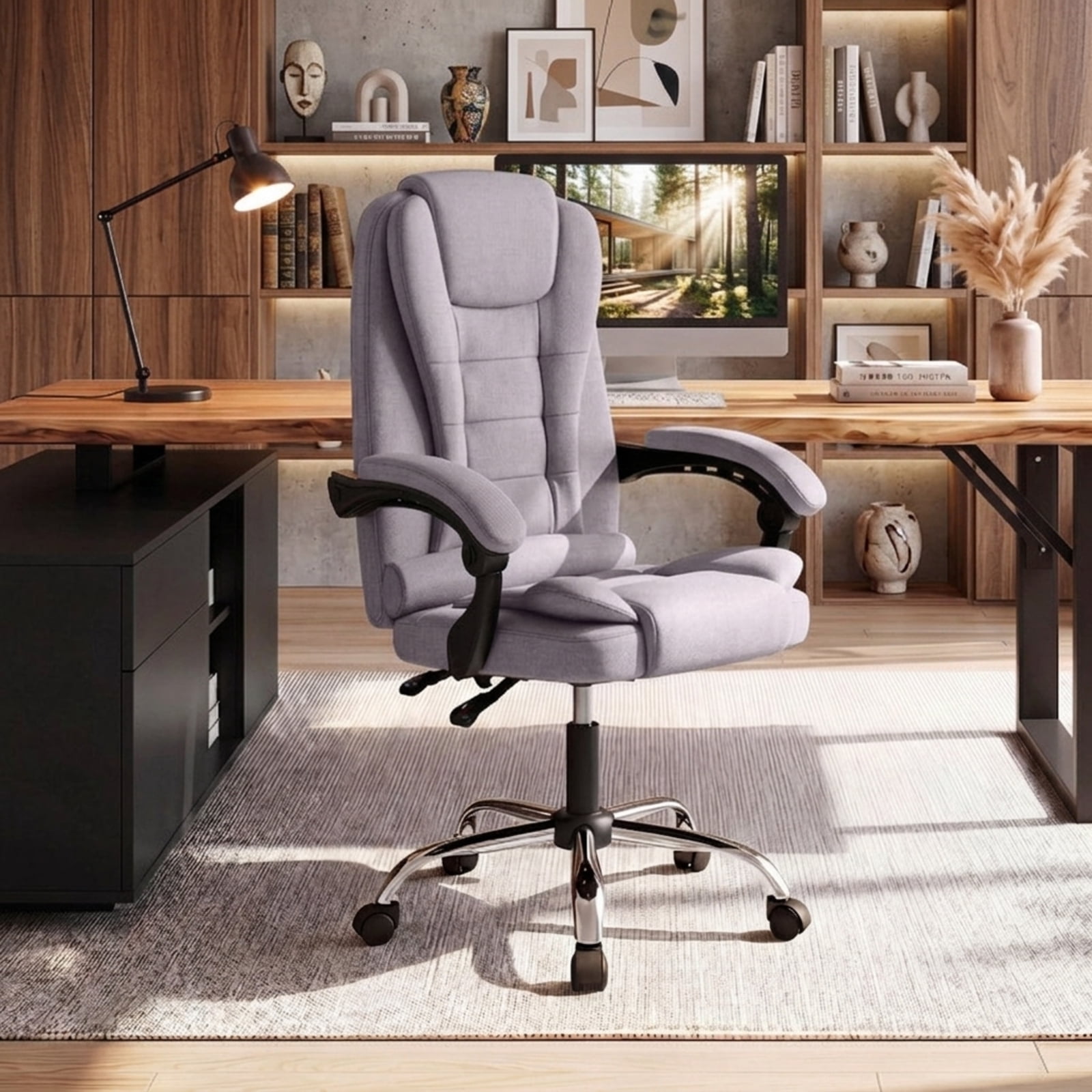 Furnibear High Back Executive Office Chair with Linkage Armrests Adjustable Recline Linen Fabric Seat and Swivel Five Point Base for Home Office, Gray