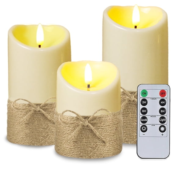 HIDAWN Hemp Rope Flameless Candles Flickering with Remote and Timer,3D Wick Acrylic Electric Fake Candles, Battery Operated LED Pillar Candle-Ivory 4" 5" 6"