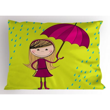 Rain Pillow Sham Cute Little Girl Holding Umbrella Standing