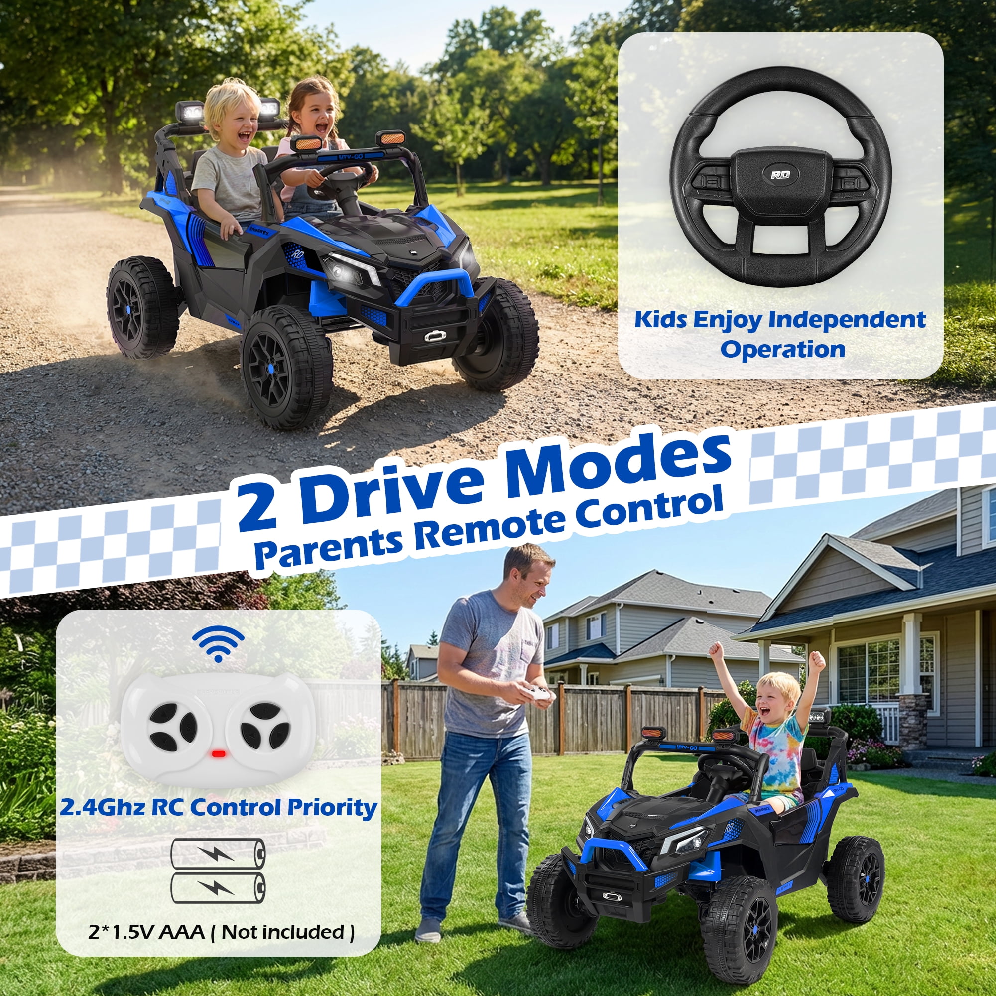 Wisairt 24V Ride on Toys 4WD Ride on Cars with Remote Control, 2 Seater Electric Car for Kids, Power Car Wheels, UTV w/ Four Motors, Music, LED Lights, Wireless Audio, 3 Speeds, Blue