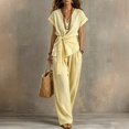 thumbnail image 2 of Women's Linen Cotton 2 Piece Pants Sets Dressy Front Twist Knot Short Sleeve Blouse Wide Leg Business Casual Outfits Yellow M, 2 of 4