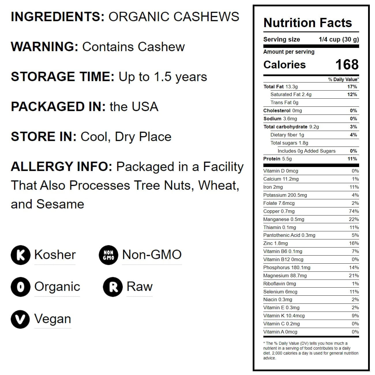 Food to Live, Organic Whole Cashews, W320, 4 Pounds, Non-GMO, Kosher