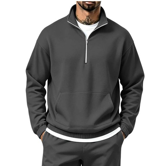 Rvwovn Men Loose Fit Quarter Zip Sweatshirt, Stand Collar Long Sleeve Front Pocket for Casual Fall Wear