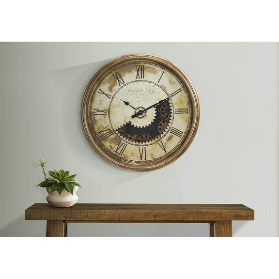 Wall Clocks Clocks, 30" Round, Gear Mechanism, Large Oversized, Wall Clock, Antique Gold, Transitional,Table Clocks