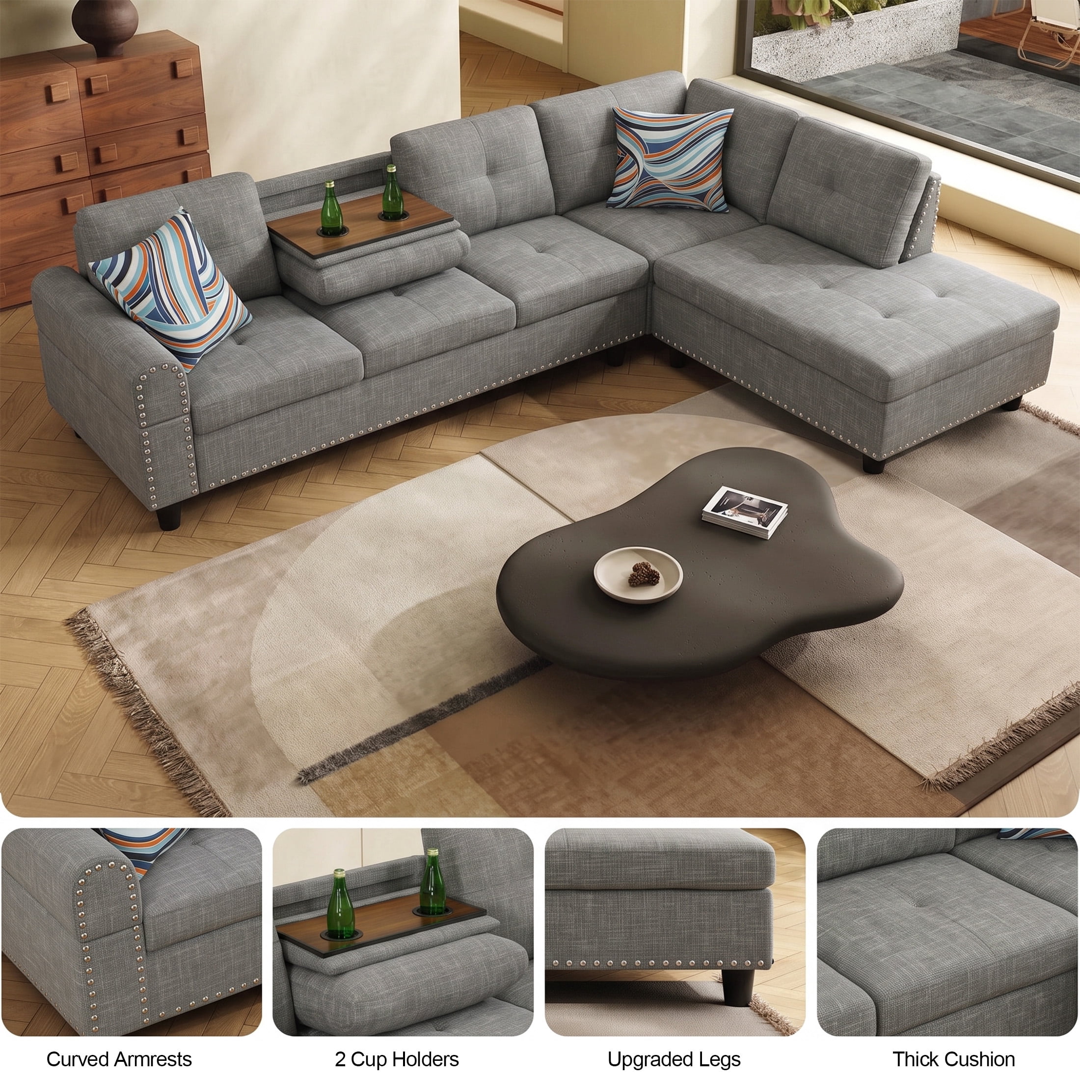 AENKYO 98" L-Shaped Sectional Sofa with Reversible Chaise and Cup Holders, Linen, Gray