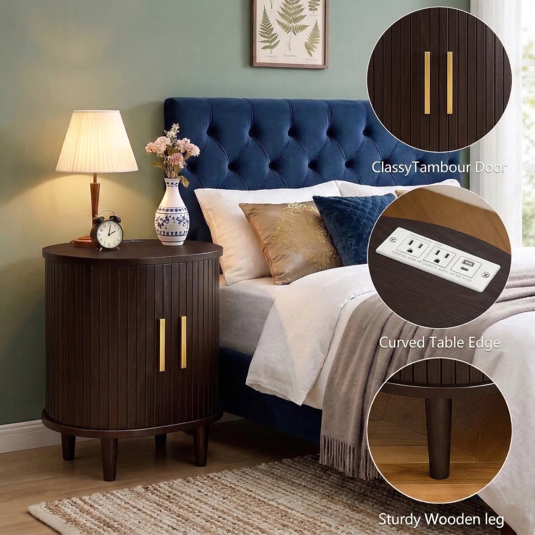 Aisword Nightstand with Charging Station, Fluted Accent Side Table with Sliding Door and Adjustable Shelf, End Table for Small Space, Brown