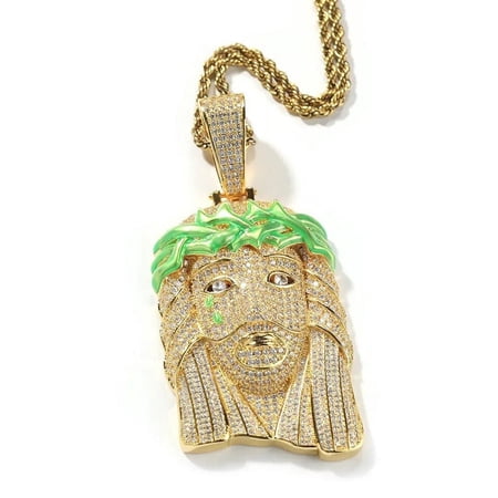 14K Gold Finish Simulated Diamond Custom Iced Out Bling Holy Jesus Face Religious Charm Pendant Necklace, Christianity, Glow in the Dark
