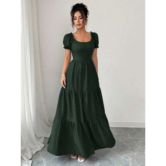 Womens Dark Green Square Neck Tiered Long Dress With Puff Sleeves