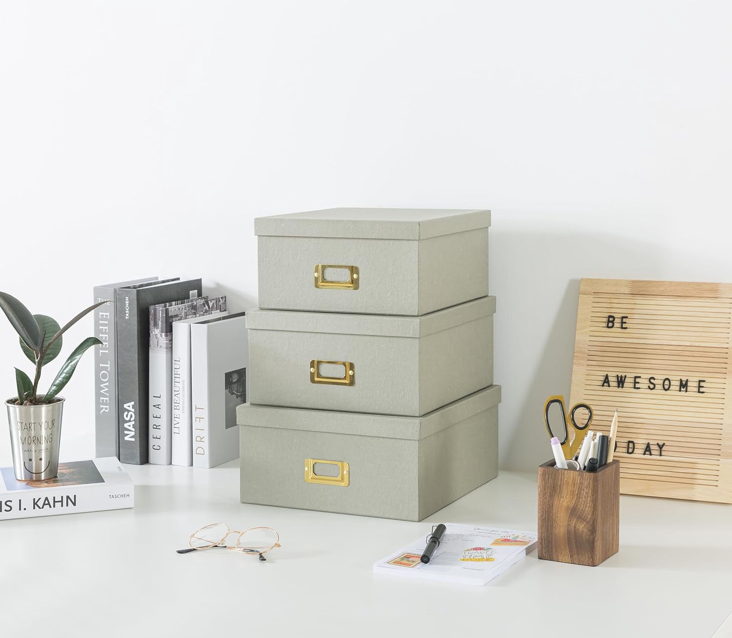 Square Stacking Boxes with Lids and Gold Label Holders, Decorative Photo Storage, Nesting Cardboard Set for Decor and Organizing