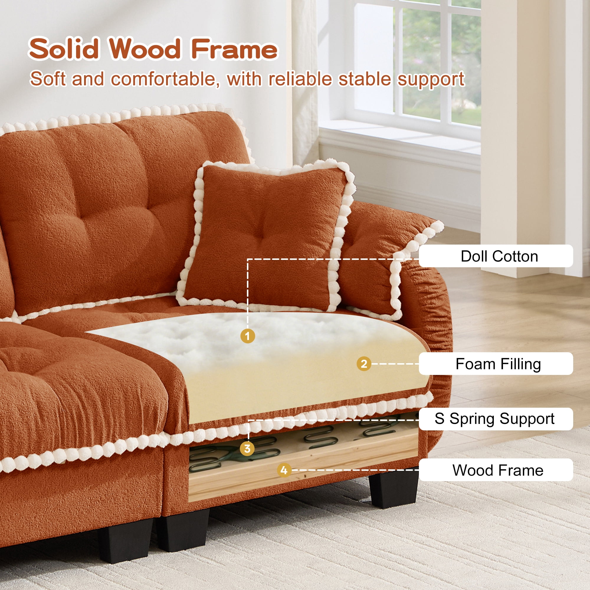 Anpport 131" Chenille Cloud 4‑Seater Sofa with 4 Pillows, Pom‑Pom Trim, Quilted Tufted Ergonomic, Easy Assembly Deep Seat for Living Room Apartment, Orange