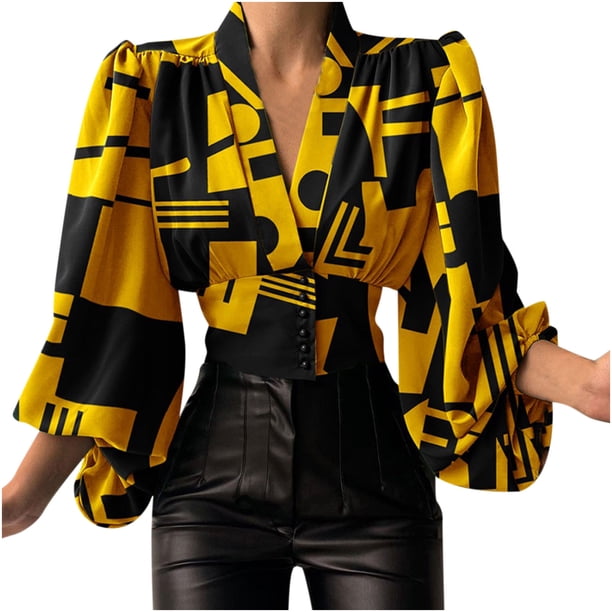 Mujeres Primavera Casual Impreso Cuello en V Linterna Botones de manga larga Suéter Blusa Camisa Draw Back Tops cortos Fridja hkj3694