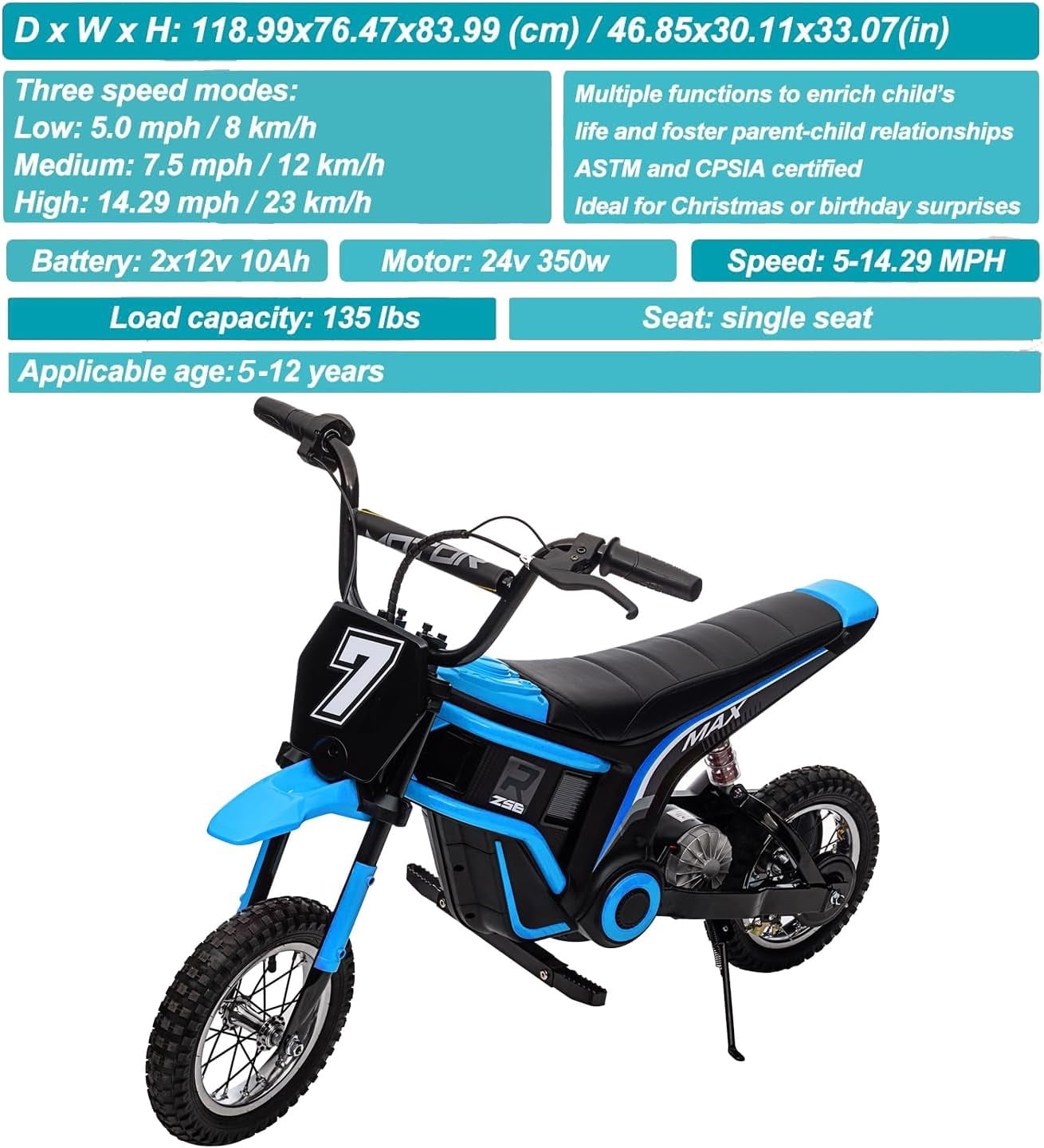 24V Kids Electric Dirt Bike w/350W Motor, 14.29MPH & Hydraulic Suspension – ASTM Certified, Ages 8-14