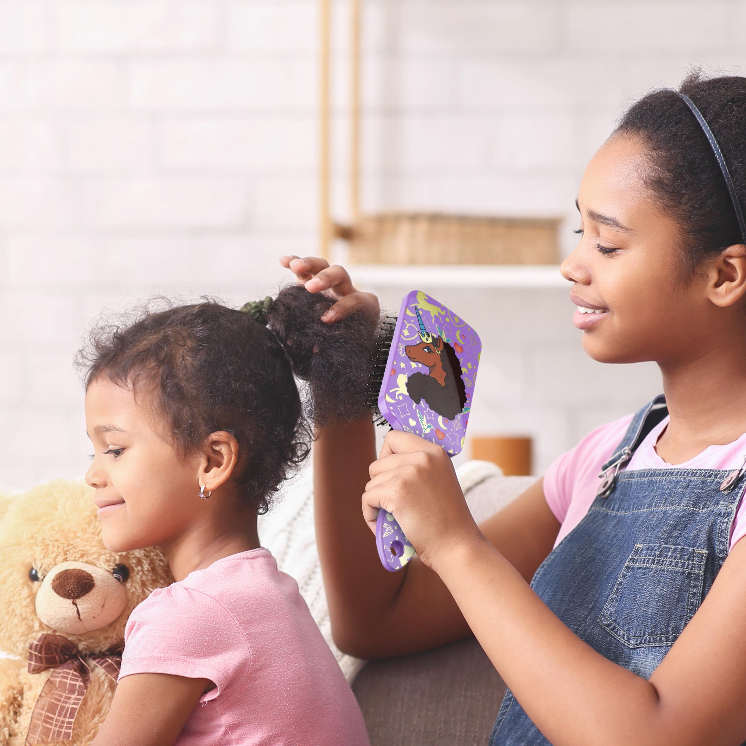 Afro Unicorn Printed Square Paddle Brush - 1 Large Paddle Hairbrush Purple, Nylon Detangling Bristle Brush