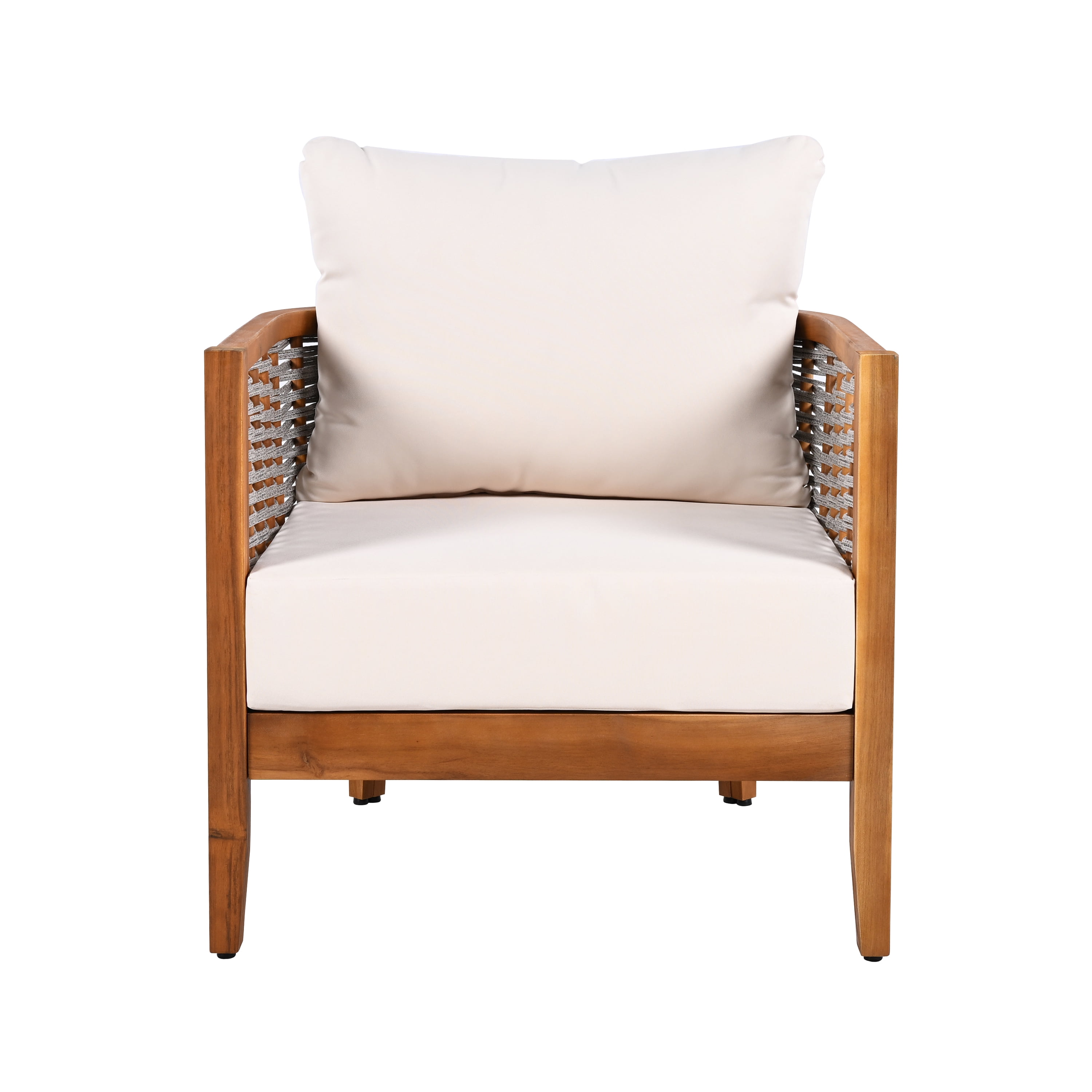 Outdoor Unique Tub Design Armchair with Woven Rope Patio Furniture Acacia Wood Chair for Porch, Teak and Beige