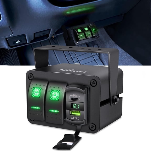 Nilight 2 Gang Rocker Switch Box 12V SPST ON Off Toggle Switches PD Type C and QC 3.0 USB Charger Voltmeter LED Light Waterproof Aluminum Mount Bracket Panel DIY Stickers for Boat Car RV Truck