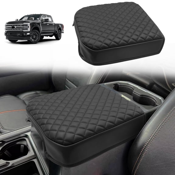 KBH Center Console Cover for 2023-2026 Ford F250 F350 F450 F550 Super Duty Accessories, Black Leather Middle Console Lid Armrest Cushion Pad for Truck Interior(Bucket Seat)