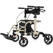 WalkMate 2 in 1 Rollator Transport Chair, 10'' Wheels Medical Rollator for Seniors with Paded Seat Backrest, Adjustable Handle and Detachable Footrests, Gold