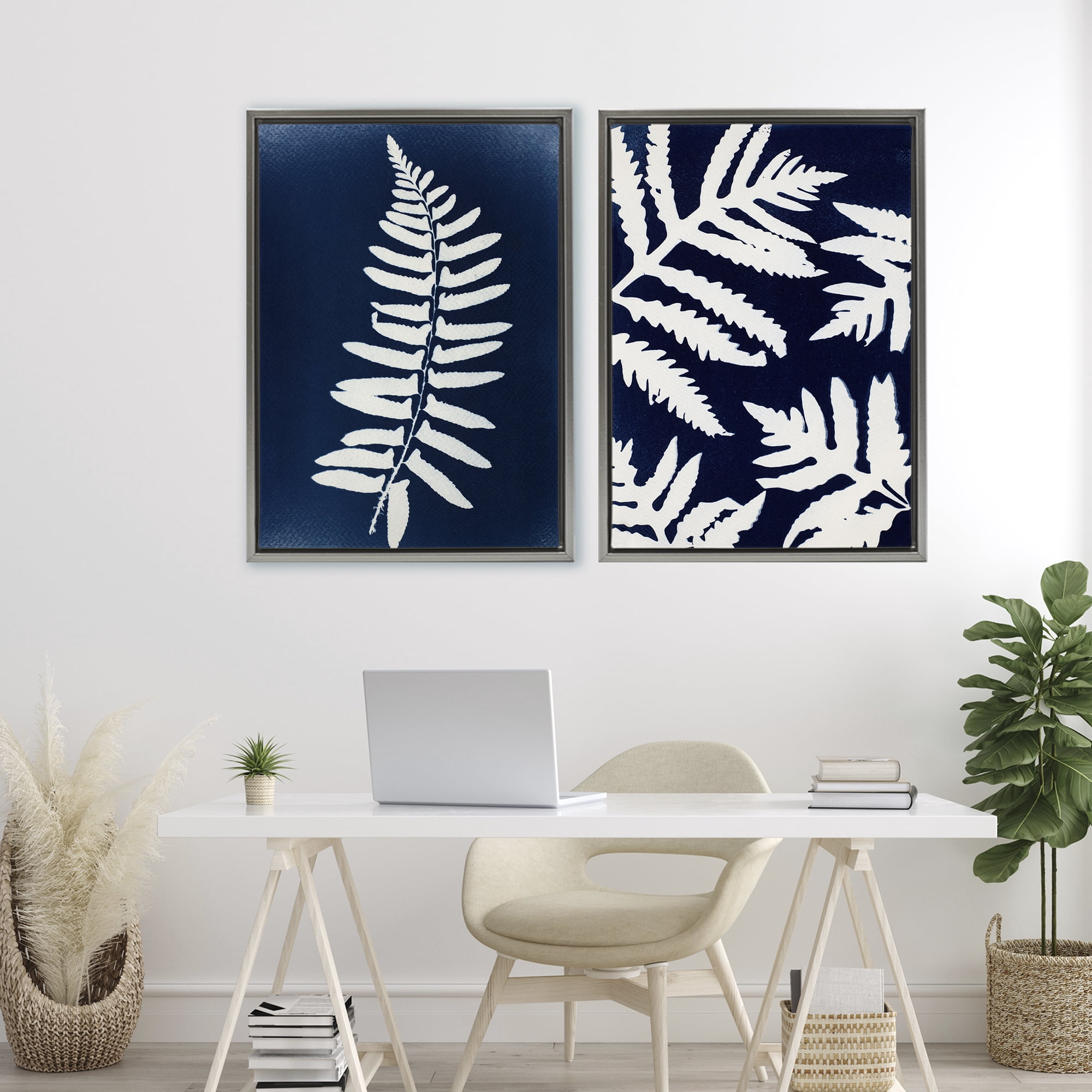 Stupell Industries Fern Leaves on Indigo 2 Piece Gray Framed Floater Canvas Set, design by Lynn Byrd