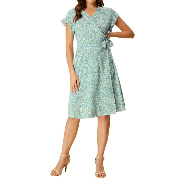 Allegra K Women's Floral V Neck Ruffled Flutter Sleeve Belt Wrap Midi Dress