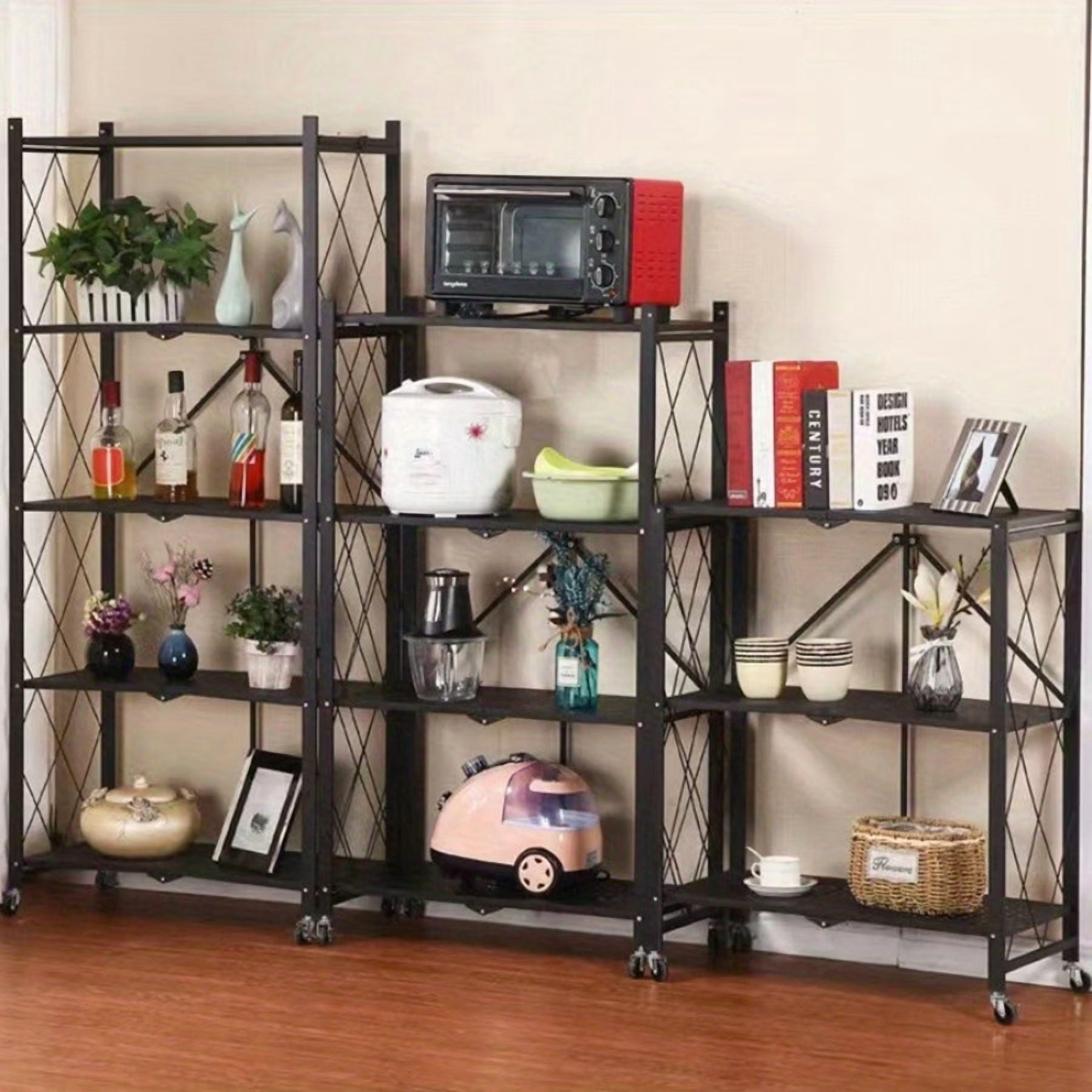 Heavy Duty Foldable Metal Storage Rack with Wheels, 3 Tier, No Installation, Removable Shelves, Black - Utility Shelving for Garage, Kitchen, Living Room, Study, Basement