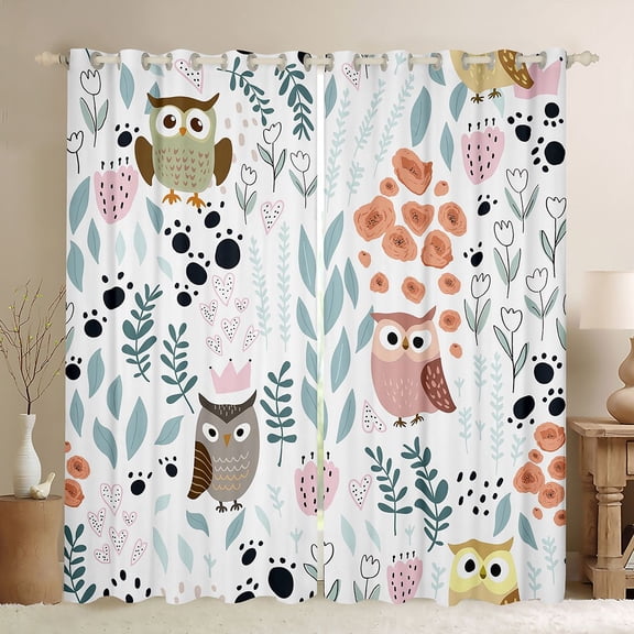 Homewish Kawaii Colorful Owl Black Out Curtains for Child Boys Girls,Chic Floral Flower Curtains Pack of 2 (42x63 Each),Cartoon Animal Bedroom Curtains,Super Cozy Room Decor