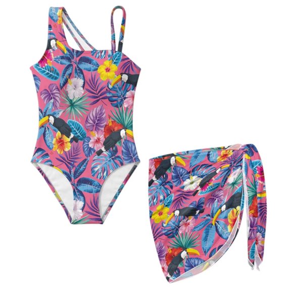 SEANATIVE Girls One-Piece Swimsuits with Mesh Cover-up Skirt One-Piece Bathing Suits Stylish Stretch Swimwear for Kids Teenagers, Size 7-8, Tropical Flower Leaf Toucan Bird Print Pink
