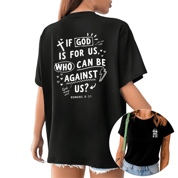 UNISHE Womens Romans 8 31 Scripture Quote Doodle Christian Print Short Sleeve T-Shirt S-5XL Black Tops