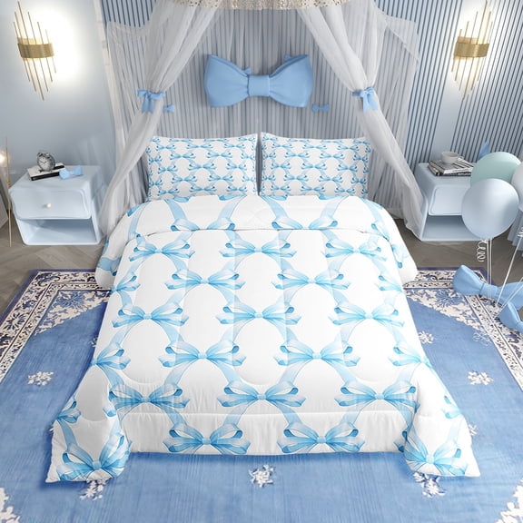 Blue Bowknot Comforter Set Twin Size,Bow Tie Butterfly Knot Geometric Patchwork Bedding Set,Women Room Decor,Cute Princess Romantic Down Comforter,Noble Duvet Insert,1 Pillowcase