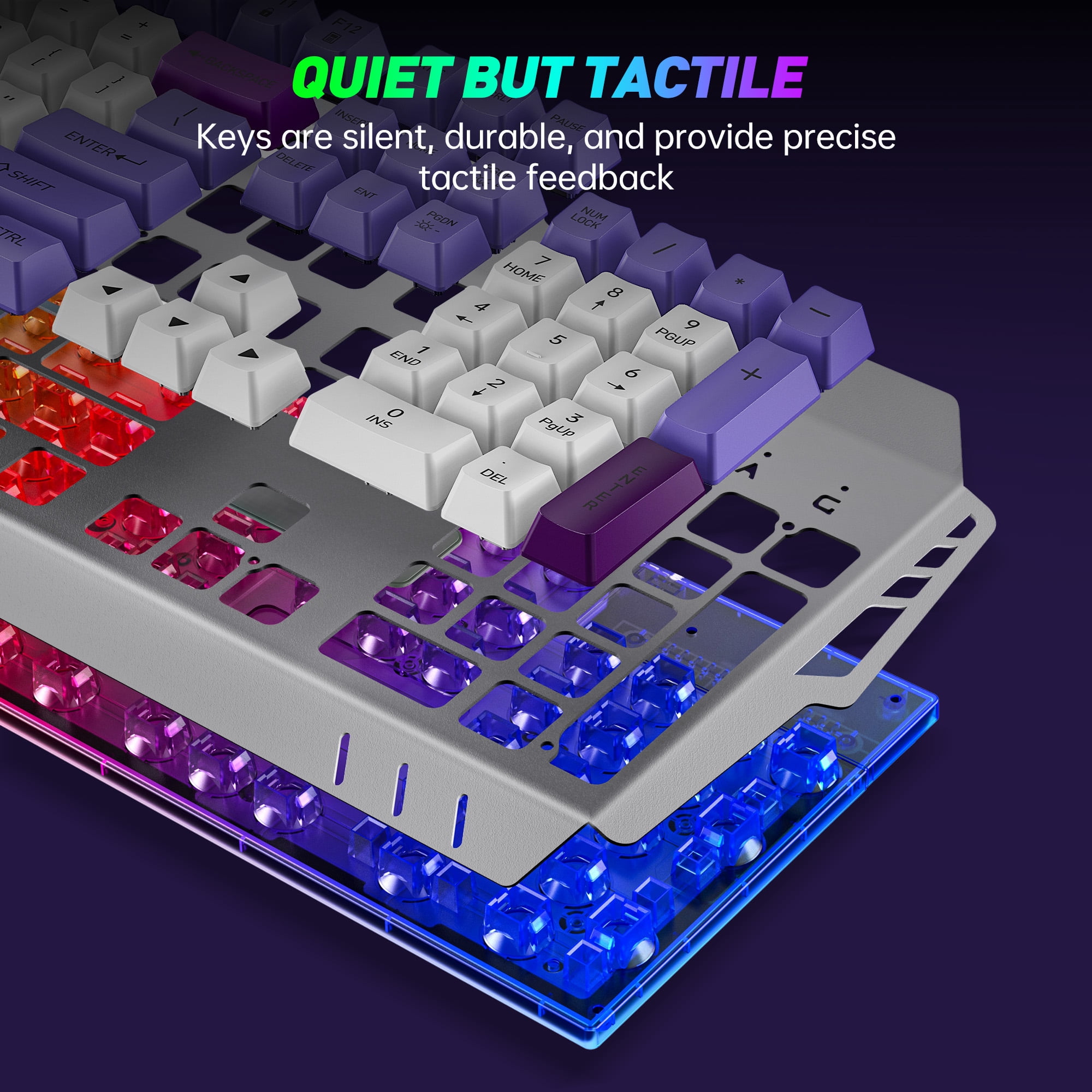 104 Keys RGB Light up Gaming Keyboard, All-Metal Panel & IPX3 Waterproof with Detachable Wrist Rest - USB Wired Computer Keyboard for Windows PC Gamer, Purple & White
