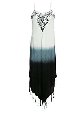 Mogul Womens Black/White Tie Dye Dress Tassel Hem Uneven Strappy Rayon Summer Hippie Chic Sundress