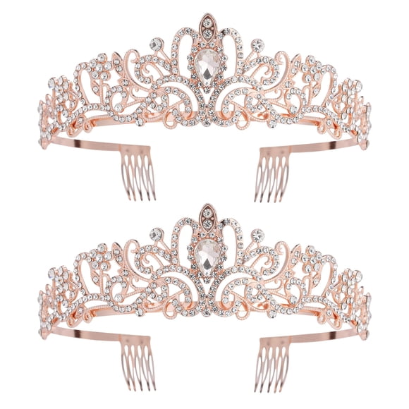 Paquete de 2 coronas de cristal de oro rosa Tiara para mujeres y niñas, elegante corona de princesa con diamantes de imitación con peines, diademas para novia, fiesta de cumpleaños, fiesta de Hallowee